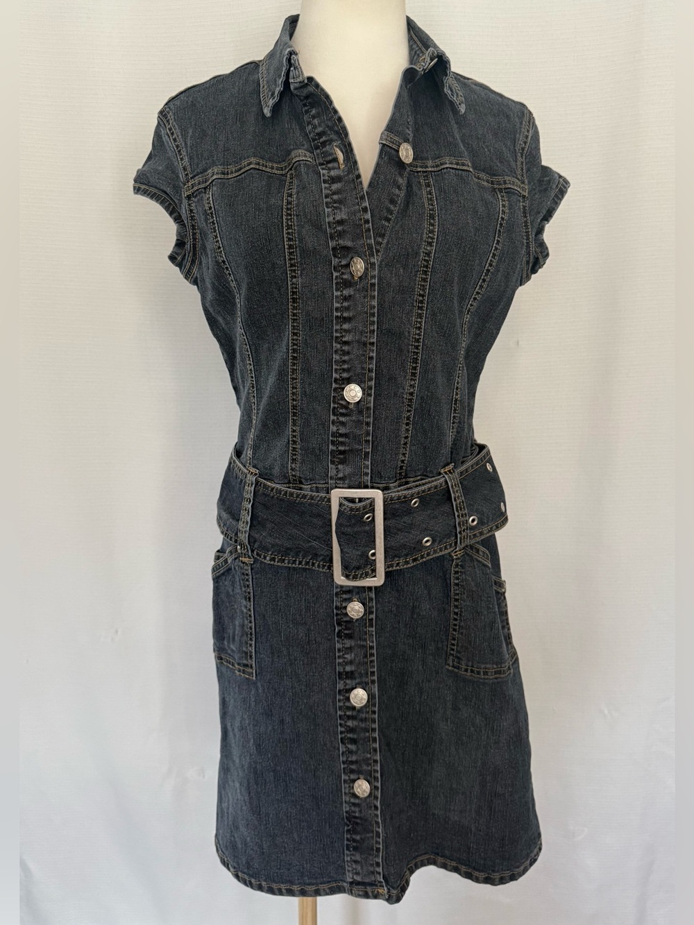 Vintage Rave Stretch Denim Mini Dress Belted Grommet Y2K Cap Sleeve Jean Dress L